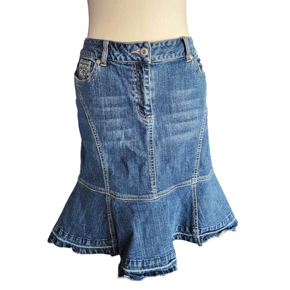 Bodyright Y2K Denim Mini Skirt 6 36/38 Rhinestone Pockets Flounce Ruffle Hem